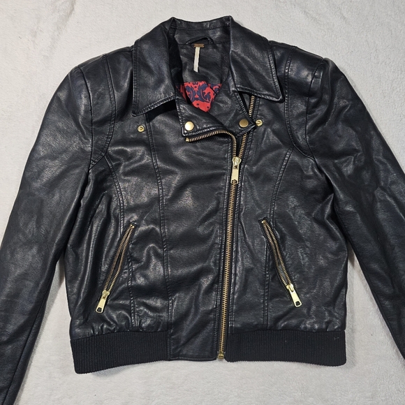 Free People Black Faux Leather Jacket with Gold Zippers - Picture 4 of 14